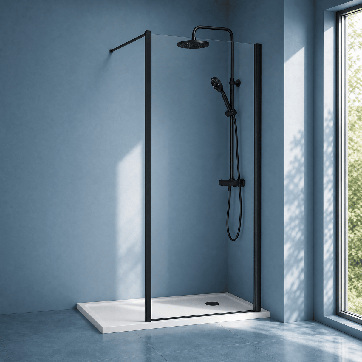 [BEWSSCOBP10] Contemporary 8mm Toughened Safety Glass Wetroom Screen with Outerframe and Support Bar, H: 1850mm, Choice of Size and Colour - Silo