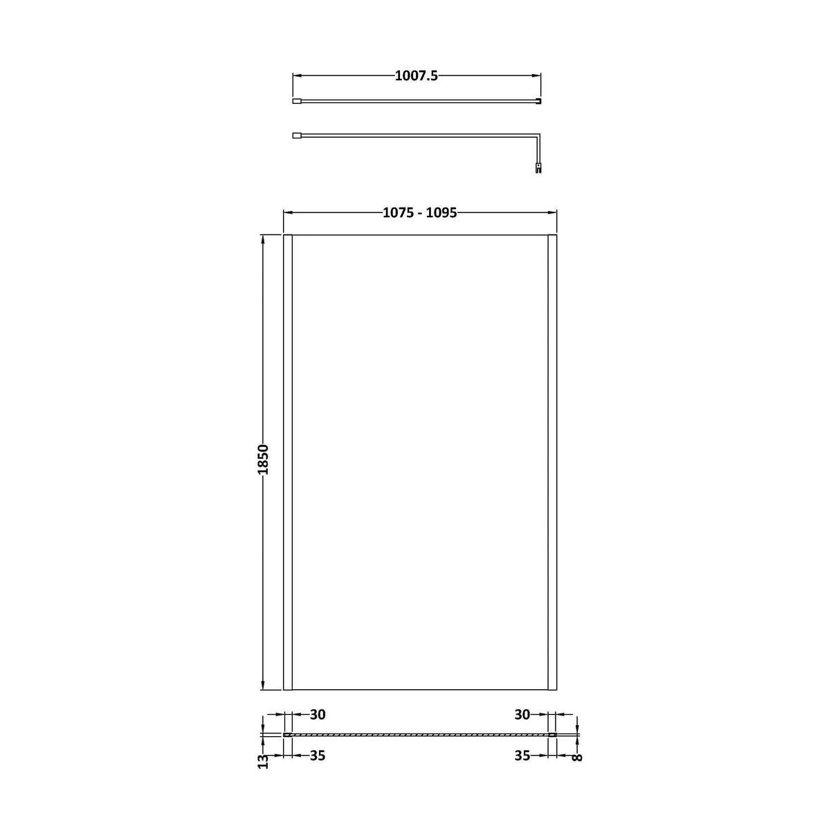 [BEWSSCOBP11] Balterley Wetroom Screen with Support Bar, 1100mm, Matt Black - Technical Drawing