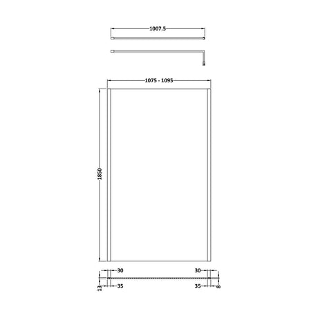 [BEWSSCOBP11] Balterley Wetroom Screen with Support Bar, 1100mm, Matt Black - Technical Drawing