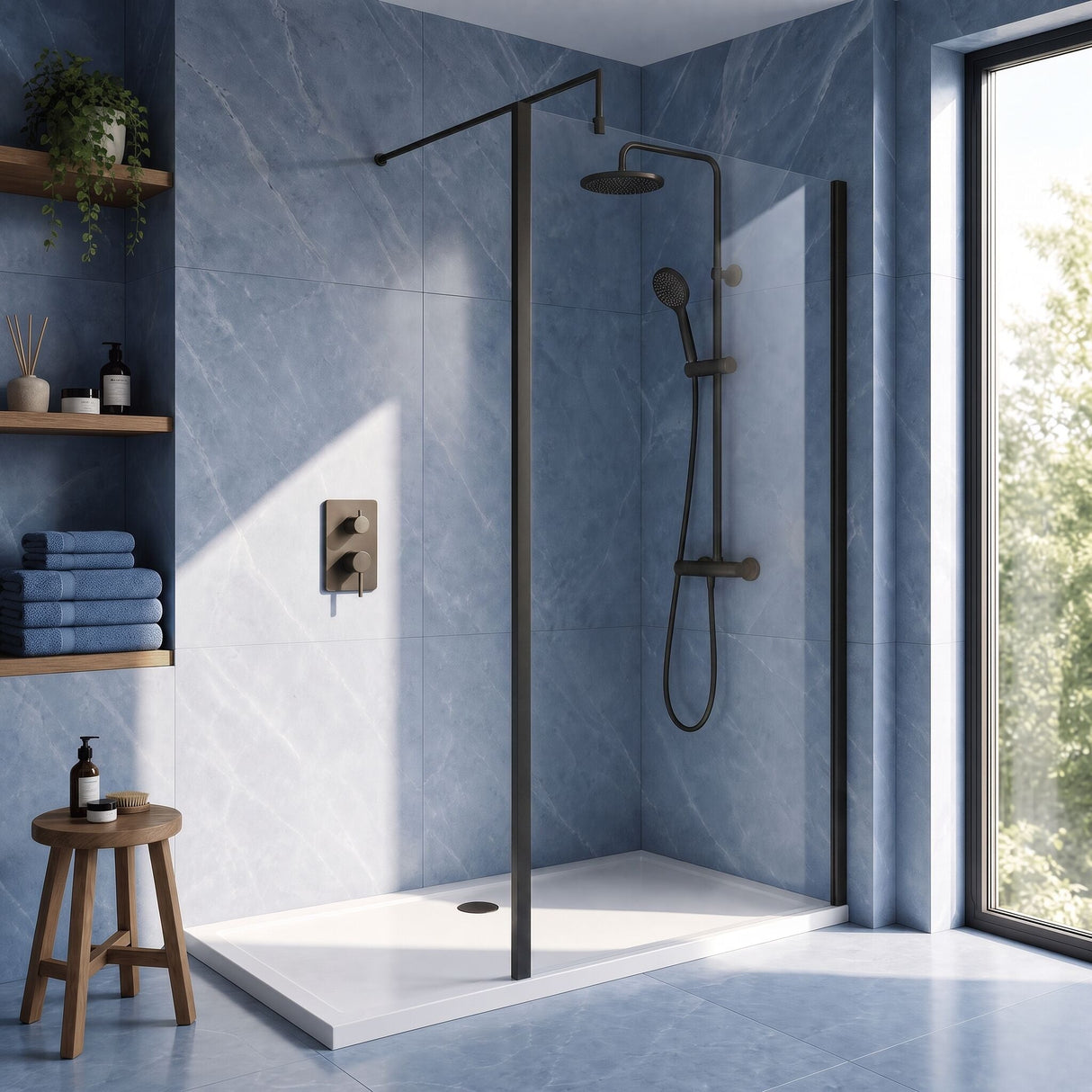 [BEWSSCOBP11] Contemporary 8mm Toughened Safety Glass Wetroom Screen with Outerframe and Support Bar, H: 1850mm, Choice of Size and Colour - Silo