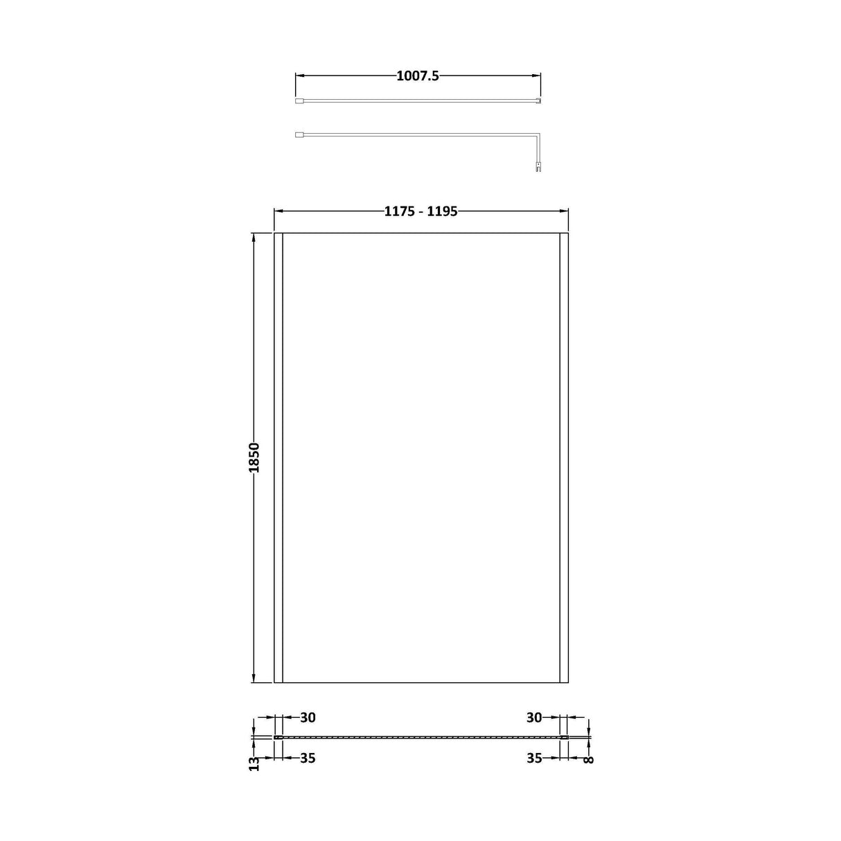 [BEWSSCOBP12] Balterley Wetroom Screen with Support Bar, 1200mm, Matt Black - Technical Drawing