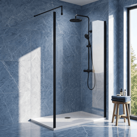 [BEWSSCOBP12] Contemporary 8mm Toughened Safety Glass Wetroom Screen with Outerframe and Support Bar, H: 1850mm, Choice of Size and Colour - Silo