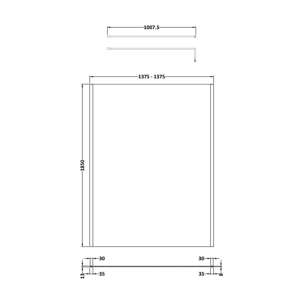 [BEWSSCOBP14] Balterley Wetroom Screen with Support Bar, 1400mm, Matt Black - Technical Drawing