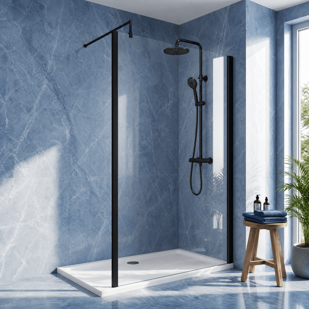 [BEWSSCOBP14] Contemporary 8mm Toughened Safety Glass Wetroom Screen with Outerframe and Support Bar, H: 1850mm, Choice of Size and Colour - Silo