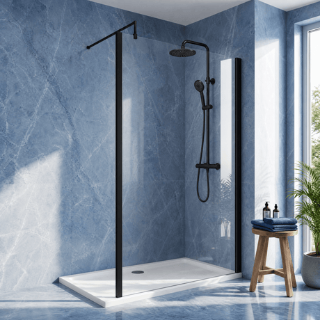 [BEWSSCOBP14] Contemporary 8mm Toughened Safety Glass Wetroom Screen with Outerframe and Support Bar, H: 1850mm, Choice of Size and Colour - Silo