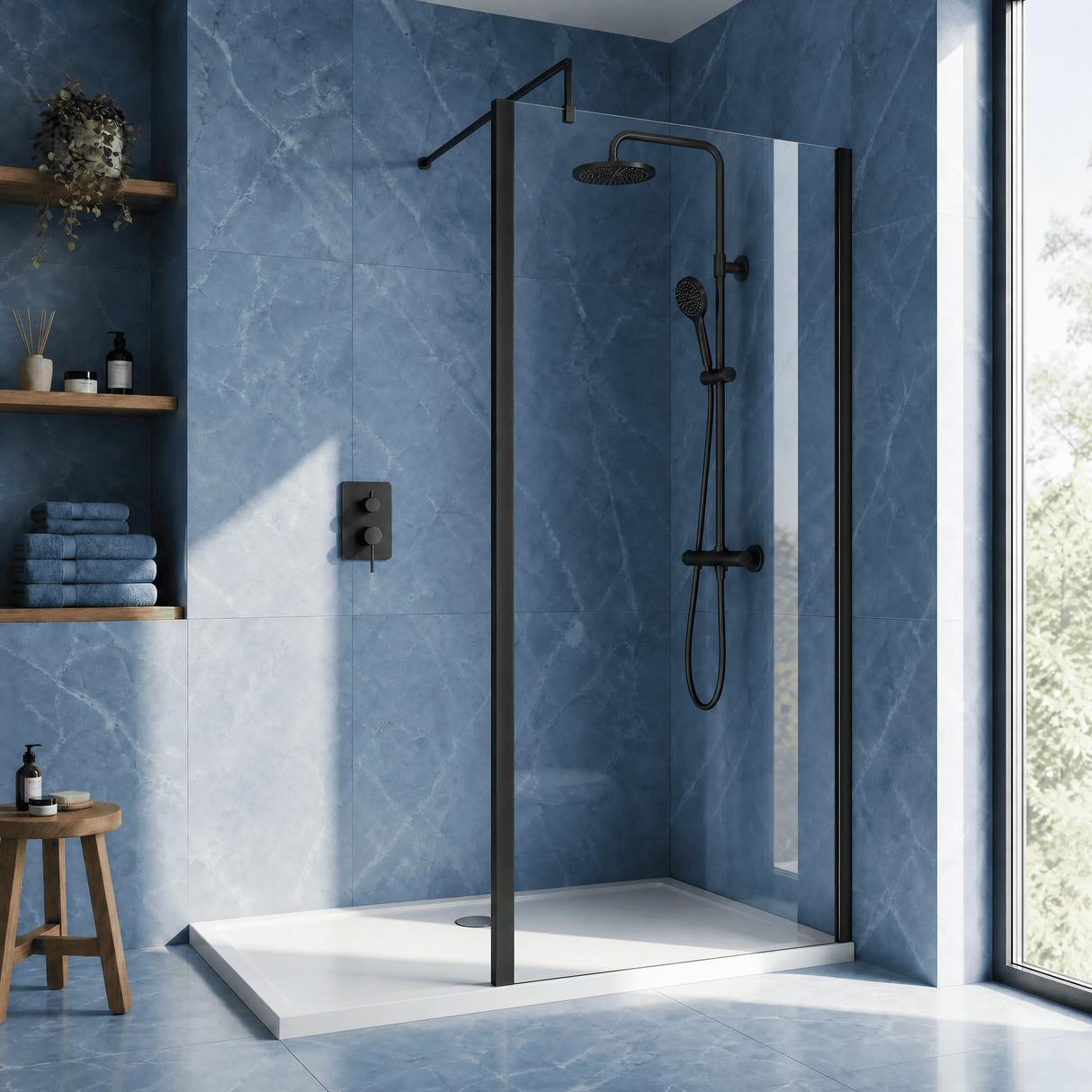 [BEWSSCOBP70] Contemporary 8mm Toughened Safety Glass Wetroom Screen with Outerframe and Support Bar, H: 1850mm, Choice of Size and Colour - Silo