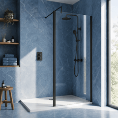 [BEWSSCOBP70] Contemporary 8mm Toughened Safety Glass Wetroom Screen with Outerframe and Support Bar, H: 1850mm, Choice of Size and Colour - Silo