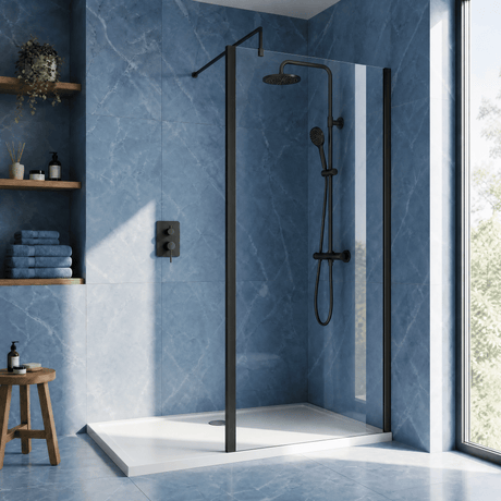 [BEWSSCOBP70] Contemporary 8mm Toughened Safety Glass Wetroom Screen with Outerframe and Support Bar, H: 1850mm, Choice of Size and Colour - Silo
