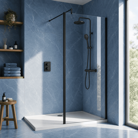 [BEWSSCOBP76] Contemporary 8mm Toughened Safety Glass Wetroom Screen with Outerframe and Support Bar, H: 1850mm, Choice of Size and Colour - Silo