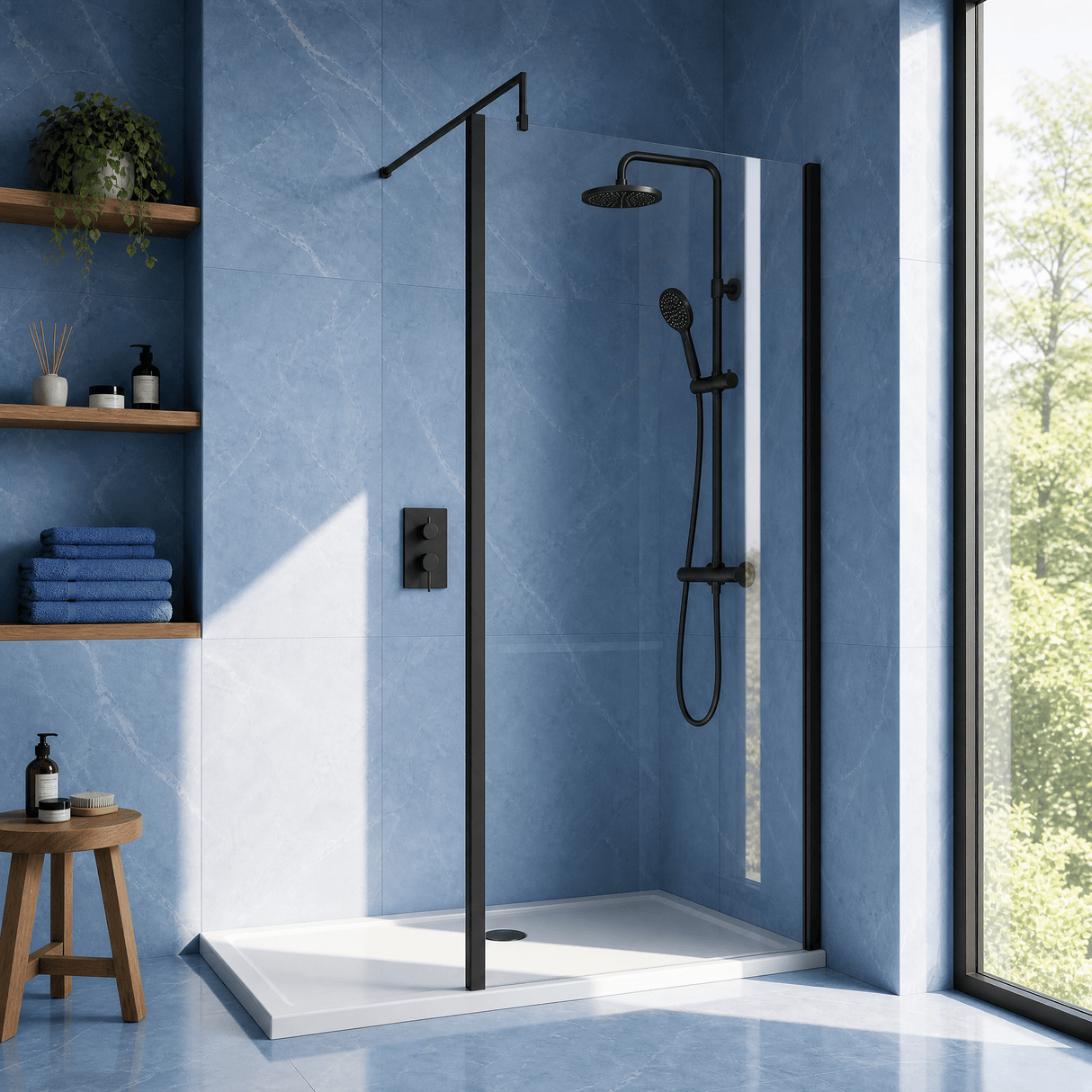 [BEWSSCOBP80] Contemporary 8mm Toughened Safety Glass Wetroom Screen with Outerframe and Support Bar, H: 1850mm, Choice of Size and Colour - Silo