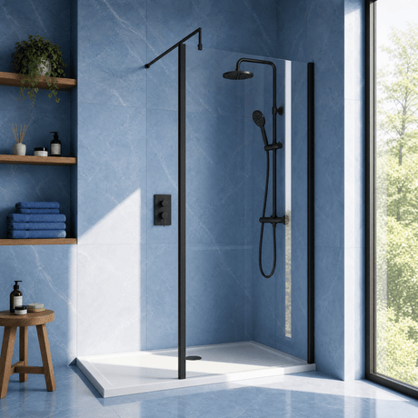 [BEWSSCOBP80] Contemporary 8mm Toughened Safety Glass Wetroom Screen with Outerframe and Support Bar, H: 1850mm, Choice of Size and Colour - Silo