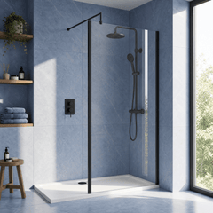 [BEWSSCOBP90] Contemporary 8mm Toughened Safety Glass Wetroom Screen with Outerframe and Support Bar, H: 1850mm, Choice of Size and Colour - Silo