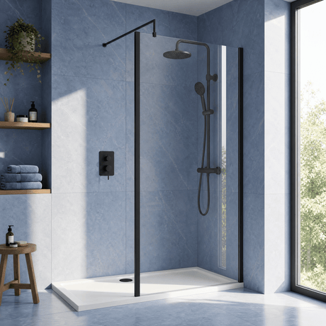 [BEWSSCOBP90] Contemporary 8mm Toughened Safety Glass Wetroom Screen with Outerframe and Support Bar, H: 1850mm, Choice of Size and Colour - Silo