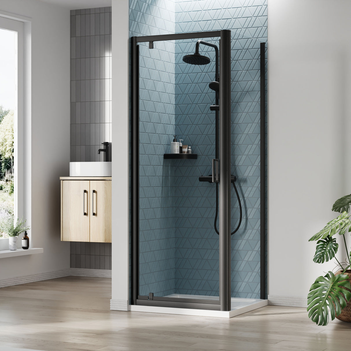 [BEZET039] Almington Pivot Shower Door, Side Panel and Shower Tray - Choice of Size and Finish - Lifestyle 1