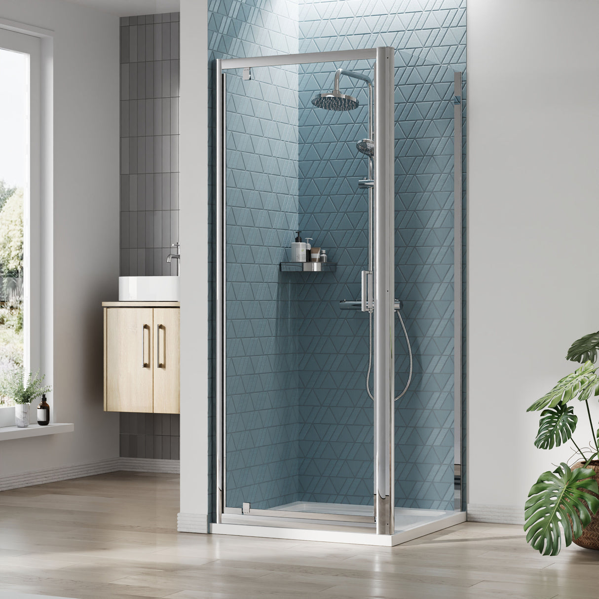 [BEZET040] Almington Pivot Shower Door, Side Panel and Shower Tray - Choice of Size and Finish - Lifestyle 1
