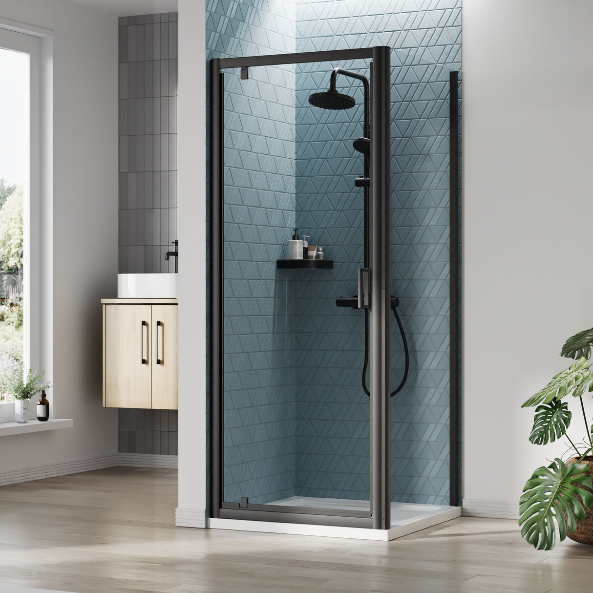 [BEZET042] Almington Pivot Shower Door, Side Panel and Shower Tray - Choice of Size and Finish - Lifestyle 1