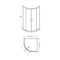 [BEZLU007] 8mm Toughened Safety Glass Quadrant Shower Enclosure and Resin Shower Tray - Choice of Size and Finish - Technical Drawing