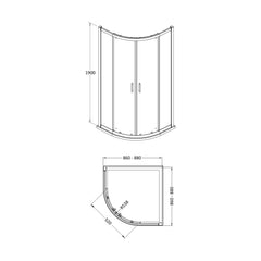 [BEZLU011] 8mm Toughened Safety Glass Quadrant Shower Enclosure and Resin Shower Tray - Choice of Size and Finish - Technical Drawing
