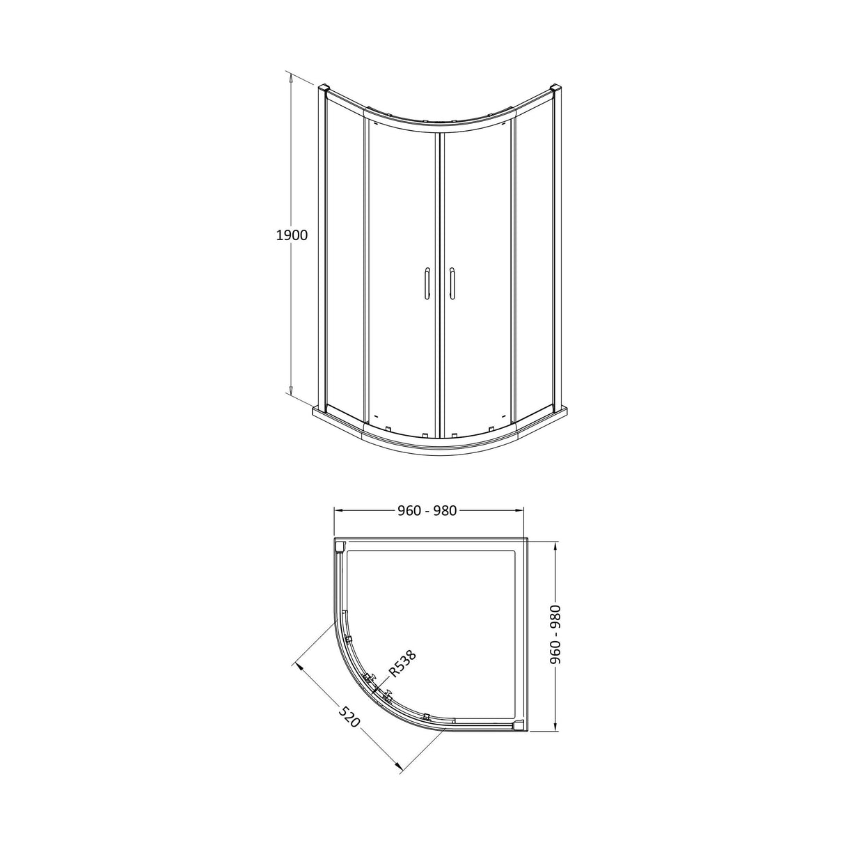 [BEZLU019] 8mm Toughened Safety Glass Quadrant Shower Enclosure and Resin Shower Tray - Choice of Size and Finish - Technical Drawing