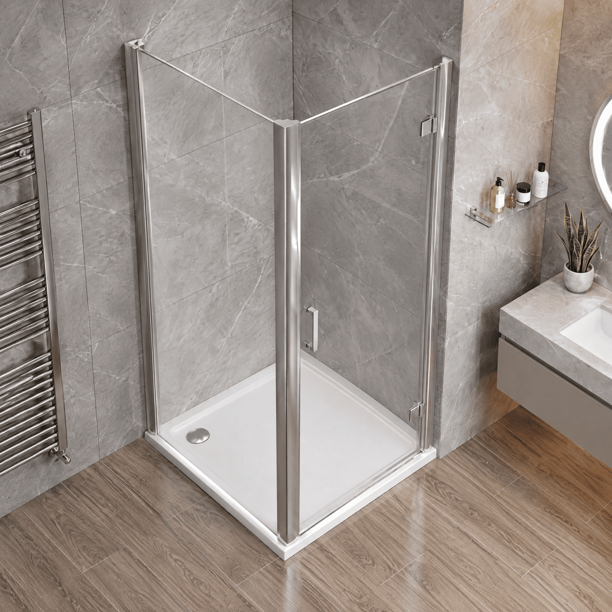 8mm Toughened Safety Glass Hinged Shower Door, Side Panel and Shower Slip Resistant Tray - Choice of Size and Finish