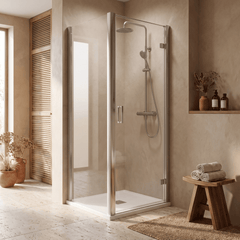 8mm Toughened Safety Glass Hinged Shower Door, Side Panel and Slimline Shower Tray - Choice of Size and Finish