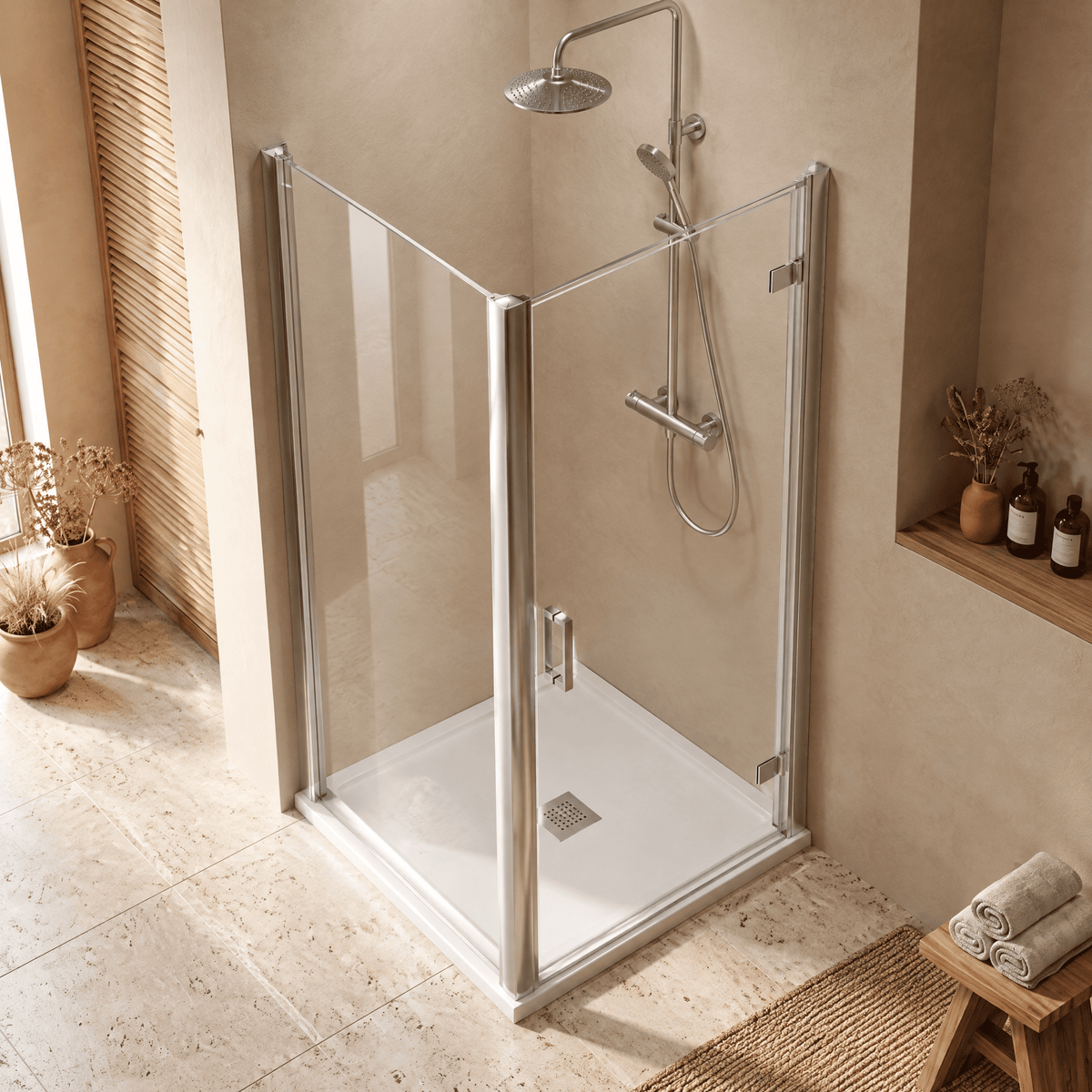 8mm Toughened Safety Glass Hinged Shower Door, Side Panel and Slimline Shower Tray - Choice of Size and Finish