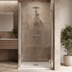 8mm Toughened Safety Glass Hinged Shower Door, Side Panel and Slimline Shower Tray - Choice of Size and Finish