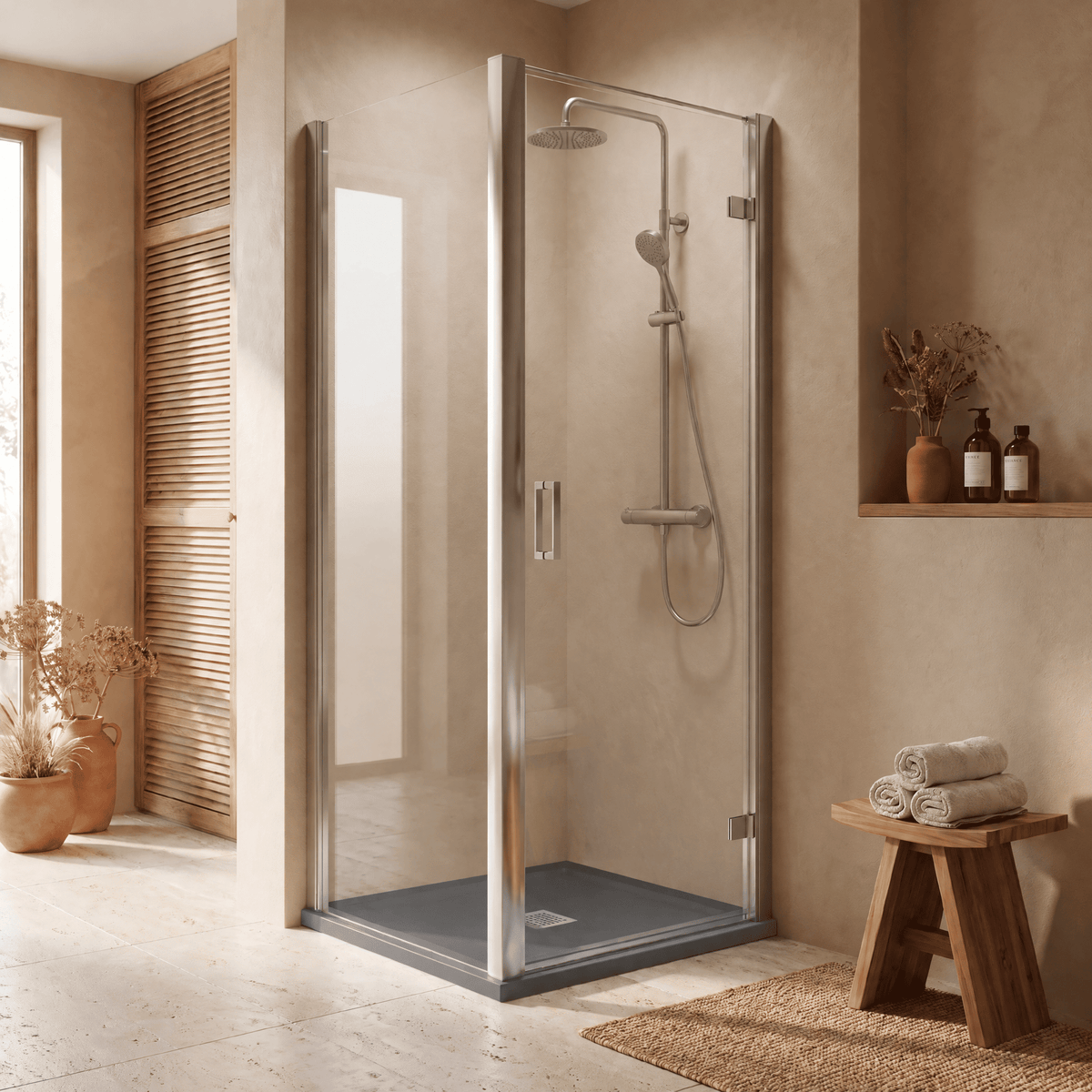 8mm Toughened Safety Glass Hinged Shower Door, Side Panel and Slimline Shower Tray - Choice of Size and Finish