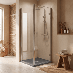 8mm Toughened Safety Glass Hinged Shower Door, Side Panel and Slimline Shower Tray - Choice of Size and Finish