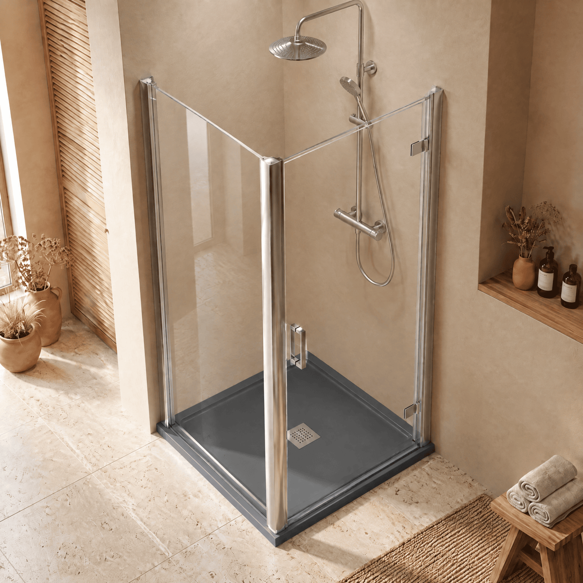 8mm Toughened Safety Glass Hinged Shower Door, Side Panel and Slimline Shower Tray - Choice of Size and Finish