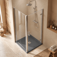 8mm Toughened Safety Glass Hinged Shower Door, Side Panel and Slimline Shower Tray - Choice of Size and Finish