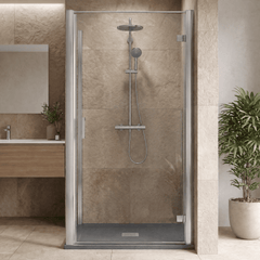 8mm Toughened Safety Glass Hinged Shower Door, Side Panel and Slimline Shower Tray - Choice of Size and Finish