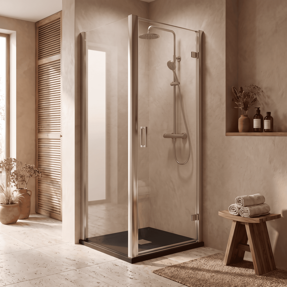 8mm Toughened Safety Glass Hinged Shower Door, Side Panel and Slimline Shower Tray - Choice of Size and Finish