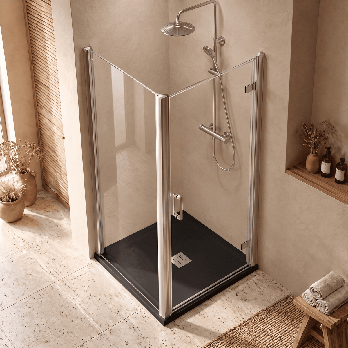 8mm Toughened Safety Glass Hinged Shower Door, Side Panel and Slimline Shower Tray - Choice of Size and Finish