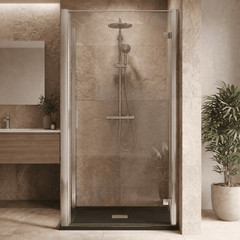 8mm Toughened Safety Glass Hinged Shower Door, Side Panel and Slimline Shower Tray - Choice of Size and Finish
