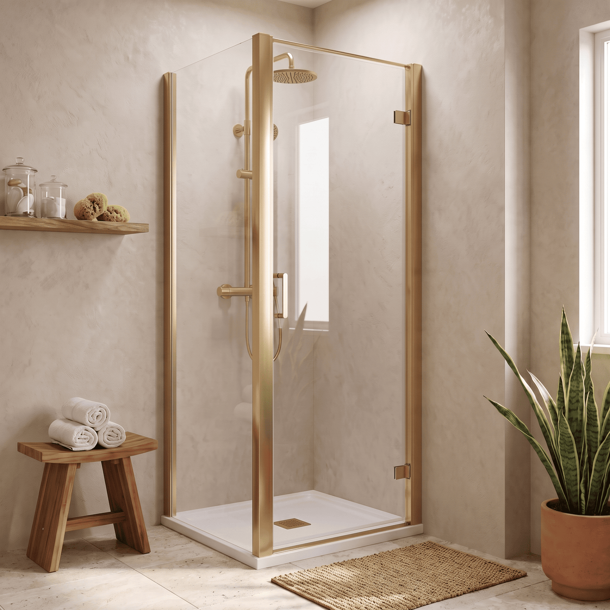 8mm Toughened Safety Glass Hinged Shower Door, Side Panel and Slimline Shower Tray - Choice of Size and Finish