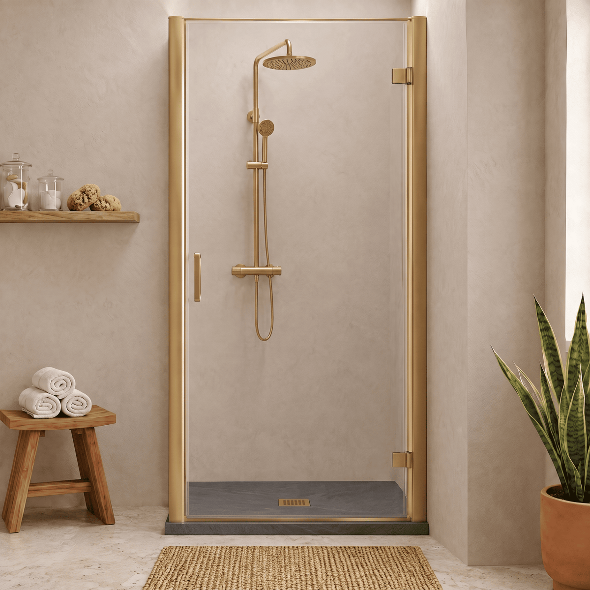 8mm Toughened Safety Glass Hinged Shower Door, Side Panel and Slimline Shower Tray - Choice of Size and Finish