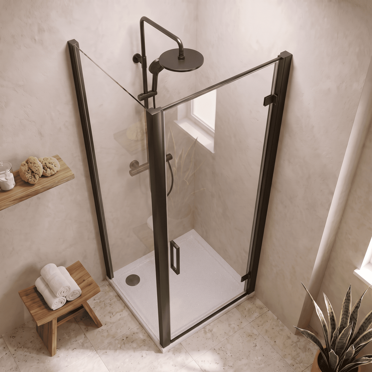8mm Toughened Safety Glass Hinged Shower Door, Side Panel and Shower Slip Resistant Tray - Choice of Size and Finish