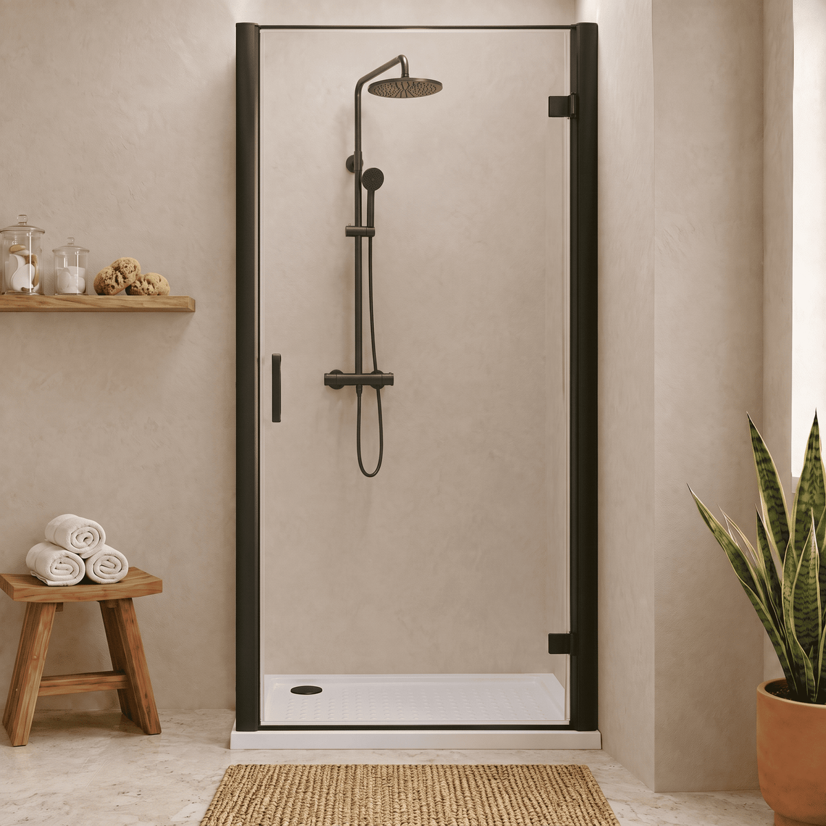 8mm Toughened Safety Glass Hinged Shower Door, Side Panel and Shower Slip Resistant Tray - Choice of Size and Finish