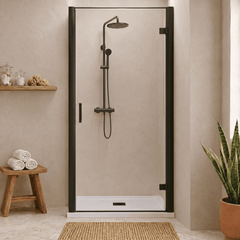 8mm Toughened Safety Glass Hinged Shower Door, Side Panel and Slimline Shower Tray - Choice of Size and Finish