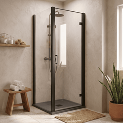 8mm Toughened Safety Glass Hinged Shower Door, Side Panel and Slimline Shower Tray - Choice of Size and Finish