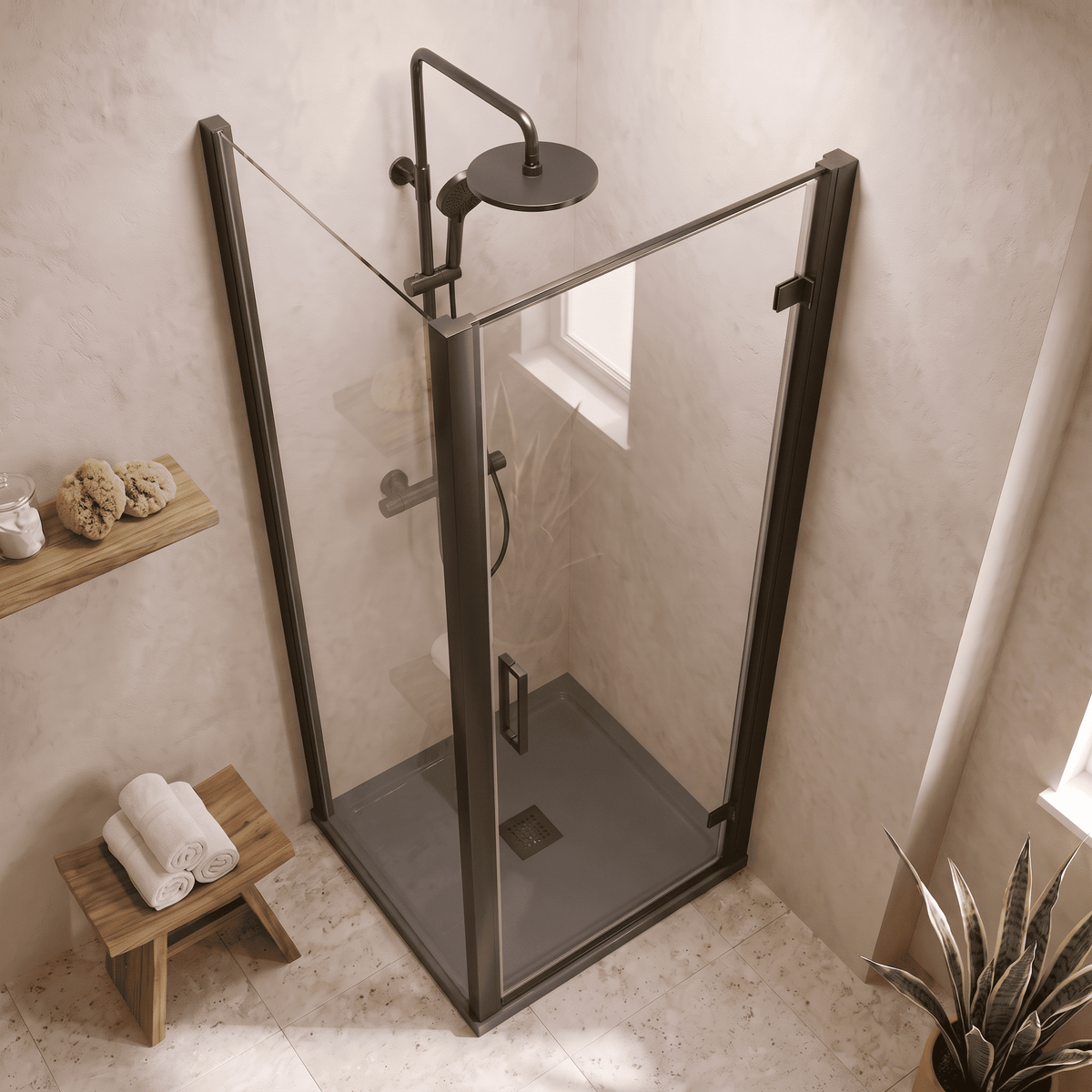 8mm Toughened Safety Glass Hinged Shower Door, Side Panel and Slimline Shower Tray - Choice of Size and Finish