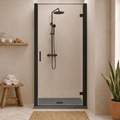 8mm Toughened Safety Glass Hinged Shower Door, Side Panel and Slimline Shower Tray - Choice of Size and Finish