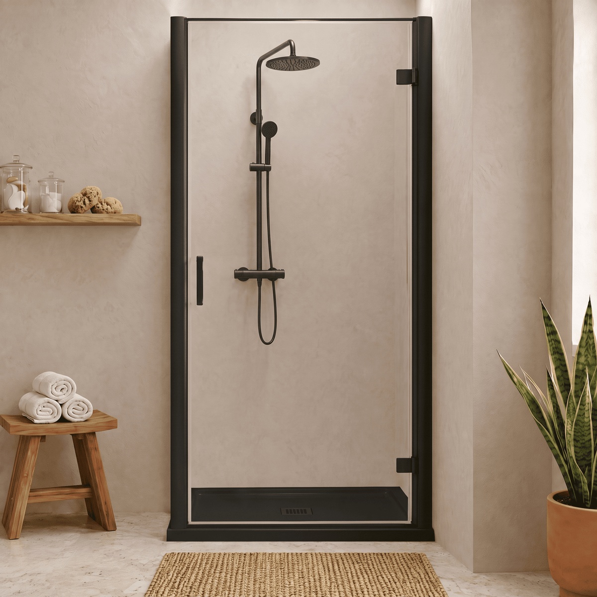 8mm Toughened Safety Glass Hinged Shower Door, Side Panel and Slimline Shower Tray - Choice of Size and Finish