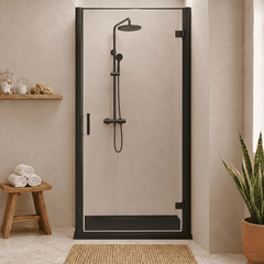 8mm Toughened Safety Glass Hinged Shower Door, Side Panel and Slimline Shower Tray - Choice of Size and Finish