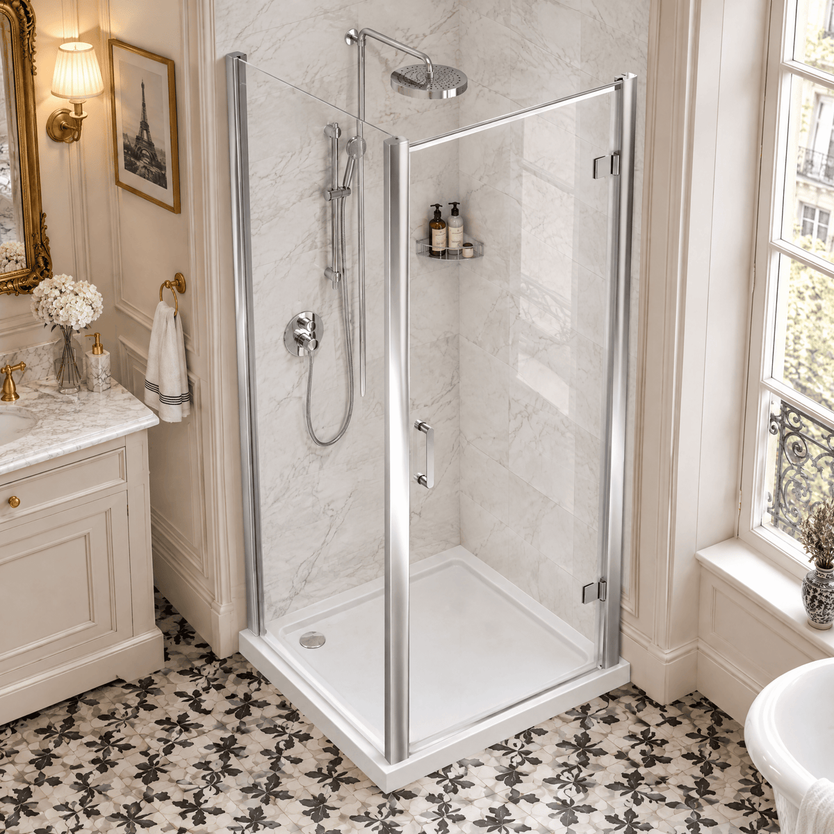 8mm Toughened Safety Glass Hinged Shower Door, Side Panel and Shower Slip Resistant Tray - Choice of Size and Finish