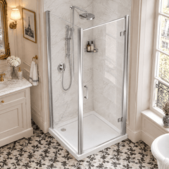 8mm Toughened Safety Glass Hinged Shower Door, Side Panel and Shower Slip Resistant Tray - Choice of Size and Finish