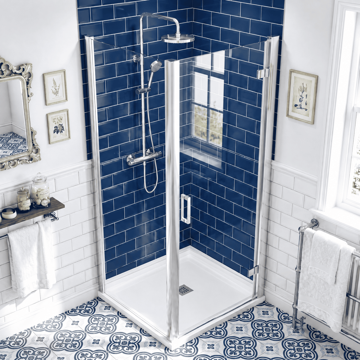 8mm Toughened Safety Glass Hinged Shower Door, Side Panel and Slimline Shower Tray - Choice of Size and Finish