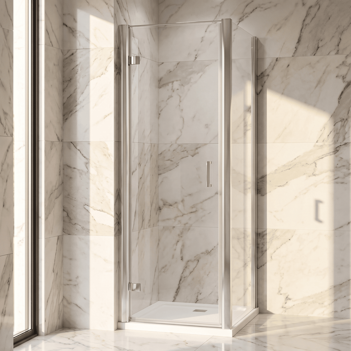 8mm Toughened Safety Glass Hinged Shower Door, Side Panel and Slimline Shower Tray - Choice of Size and Finish