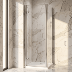 8mm Toughened Safety Glass Hinged Shower Door, Side Panel and Slimline Shower Tray - Choice of Size and Finish
